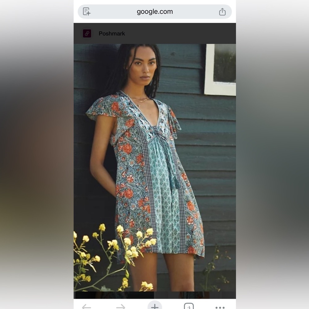 Anthropologie Astrid Floral Boho V-Neck Mini Dress in Teal & Coral Women’s MP